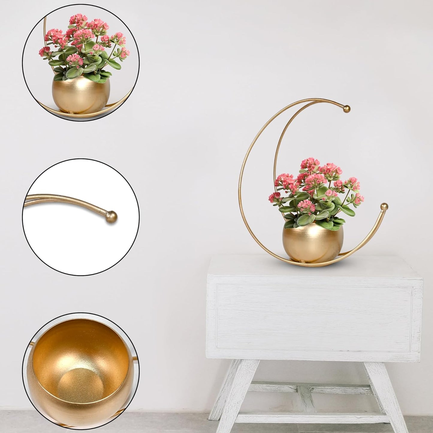 Metal Flower Vase with Gold Finish | Geometric Half Moon Design Flower Pot Stand | Table Top Decorative Flower Pot | Gold Metal Flower Vase for Home and Office Side Table Decoration