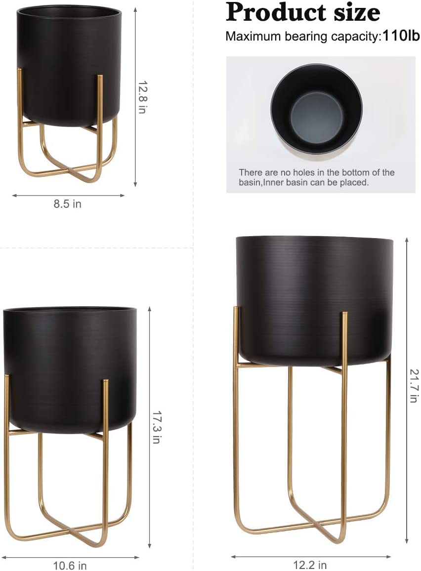 Large Floor Standing Planters with Metal Stand Pack of 3, Extra Large Plant Pot Container, Black and Gold, Tree Planter Flower Pots and Stands(Black)