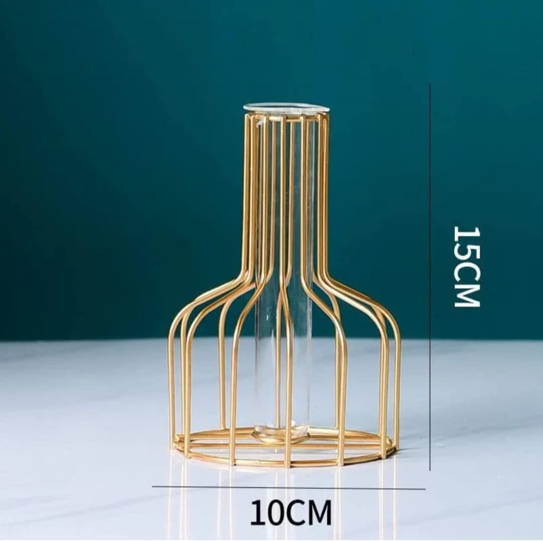 Metal Frame Tube Vase for Flower Decoration Gold vase 6In (Pack of 1)