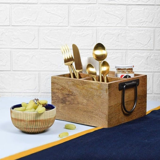Zik Impex Handcrafted Wooden Cutlery Caddy with Artistic Metal Handle, Spoon Stand for Dining Table and Utensils Holder for Kitchen