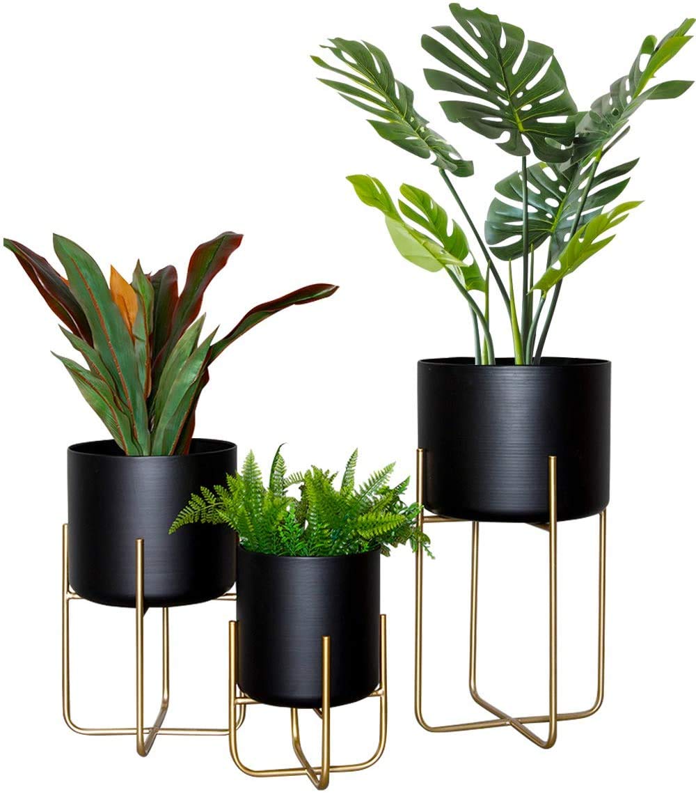 Large Floor Standing Planters with Metal Stand Pack of 3, Extra Large Plant Pot Container, Black and Gold, Tree Planter Flower Pots and Stands(Black)