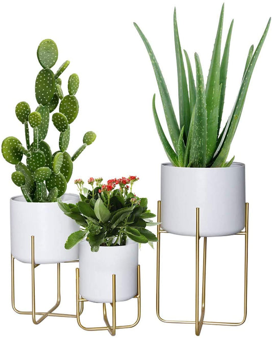 Large Floor Standing Planters with Metal Stand Pack of 3, Extra Large Plant Pot Container, White and Gold Tree Planter Flower Pots and Stands(White)