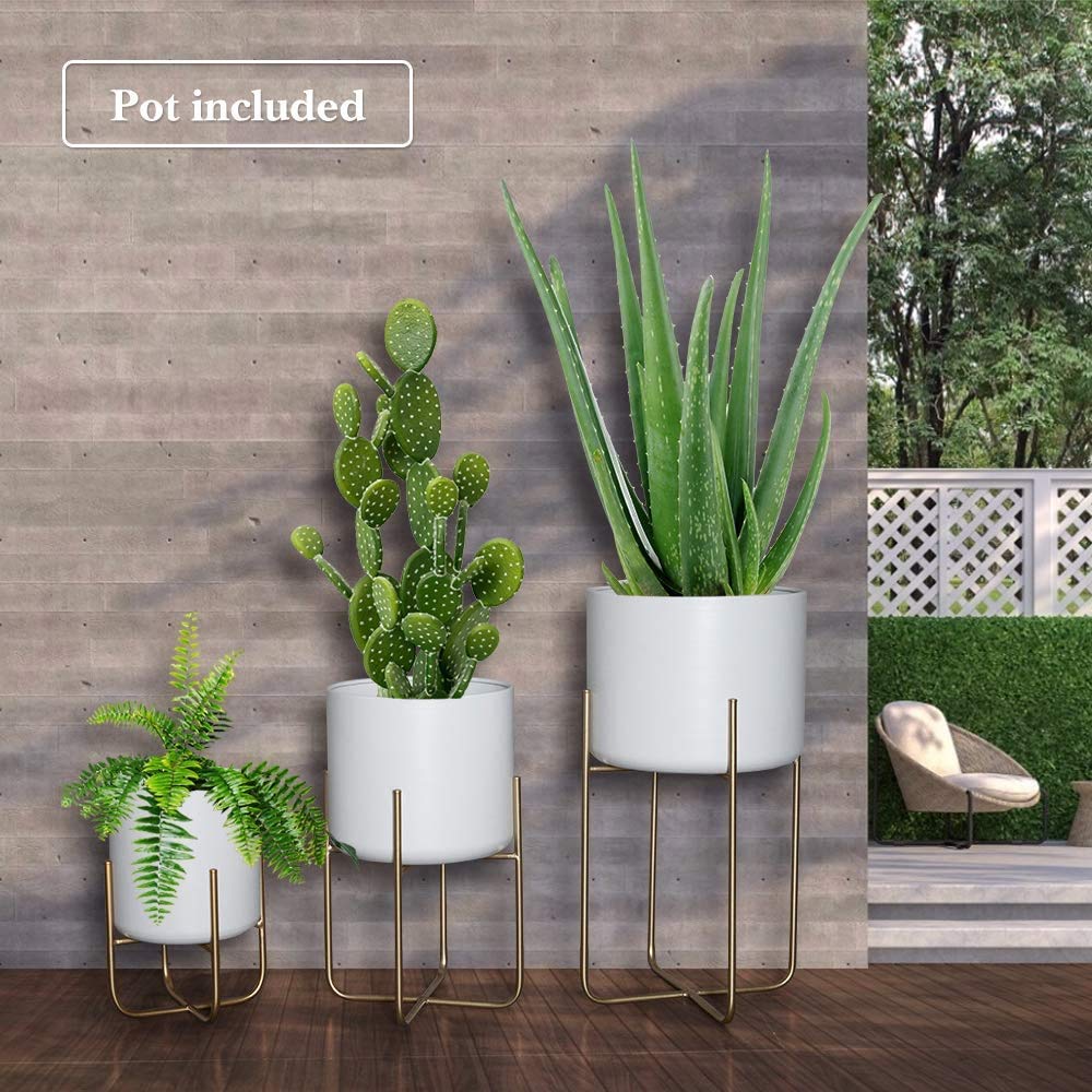 Large Floor Standing Planters with Metal Stand Pack of 3, Extra Large Plant Pot Container, White and Gold Tree Planter Flower Pots and Stands(White)