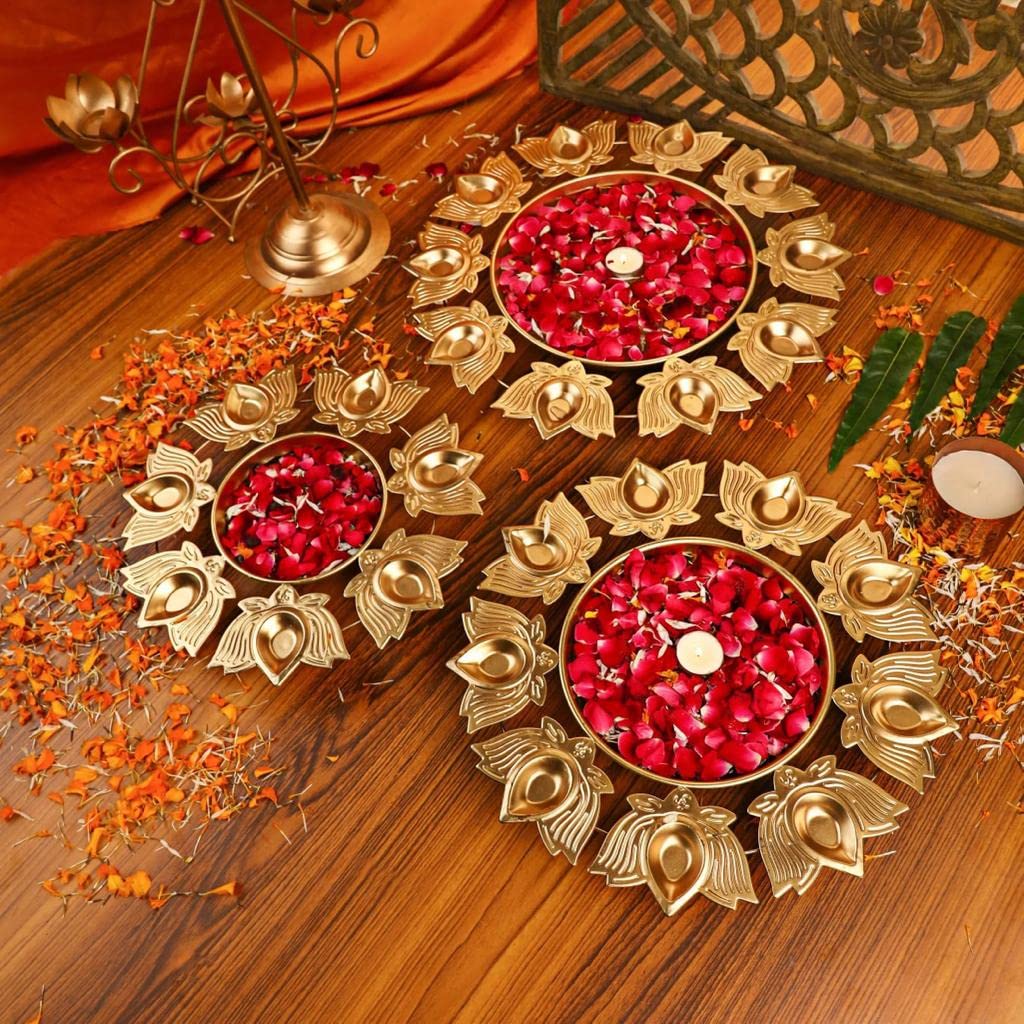Floral Metal Kamal Urli Diya with Urli Bowl for Floating Flowers and tealight Set of 3 (15,12,10 Inches - Gold)