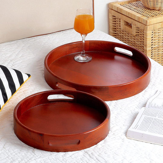 Zik Impex Premium Handcrafted Classic Round Tray for Breakfast Serving Trays Dining Table Home Decoration Wooden Tray Unique Design Handmade Multipurpose Serving Tray Mahogany Finish (Set of 2)