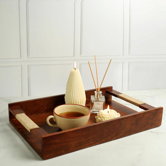 Zik Impex Handcrafted Premium Tribal Wooden Serving Tray for Serving Wooden Tray for Serving |Tea Tray for Serving Platter | Tray for Dining Table (Walnut, 15.9 x 10 x 2.4 Inch)