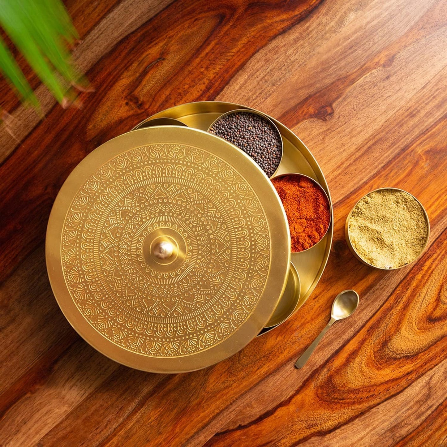 Brass Spice Box for Kichten with 7 Container and Spoon | Original Brass Spice Box Masaladani Set with Lid | Handmade Golden Embossed Masala Dani Spices Storage Conteainer Set