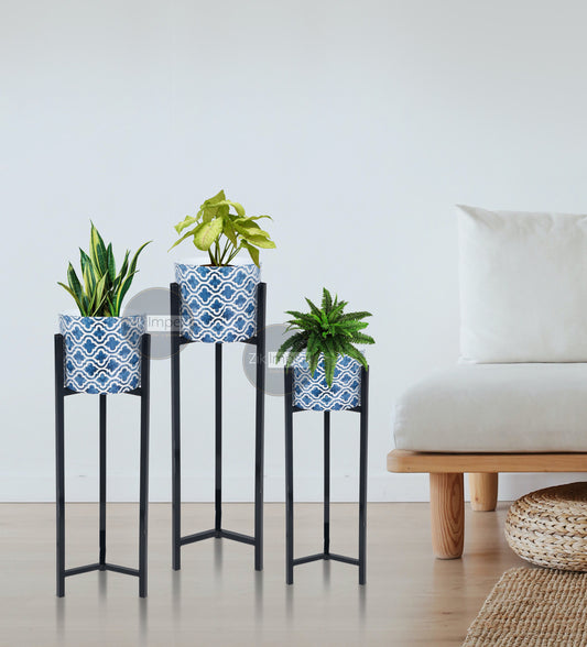 Set of 3 Indoor/Outdoor Round Metal Planter Pot Set Vase with Black Metal Stand Planters for Living Room, Flower Pot Plant Stand for Balcony Blue Set of 3