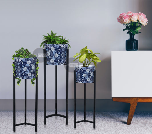 Modern Metal Floor Flower Stands Planter for Living Room Bedroom Display Plant Stand Tall Indoor Plant Stand with Planter Pot -Set of 3 Blue
