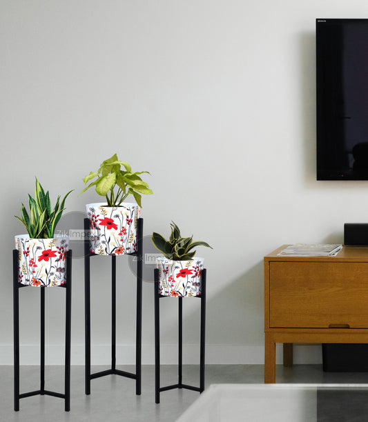 Metal Floor Flower Stands Display Plant Stand Tall Indoor Plant Stand with Planter Pot (White with Red Flowers) -Set of 3