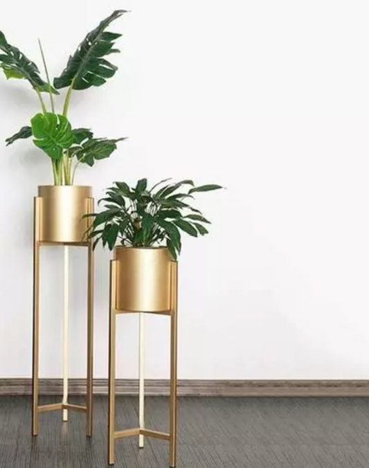 Modern Metal Floor Flower Stands Display Plant Stand Tall Indoor Plant Stand with Planter Pot- 30inch & 25inch (Gold) -Set of 2