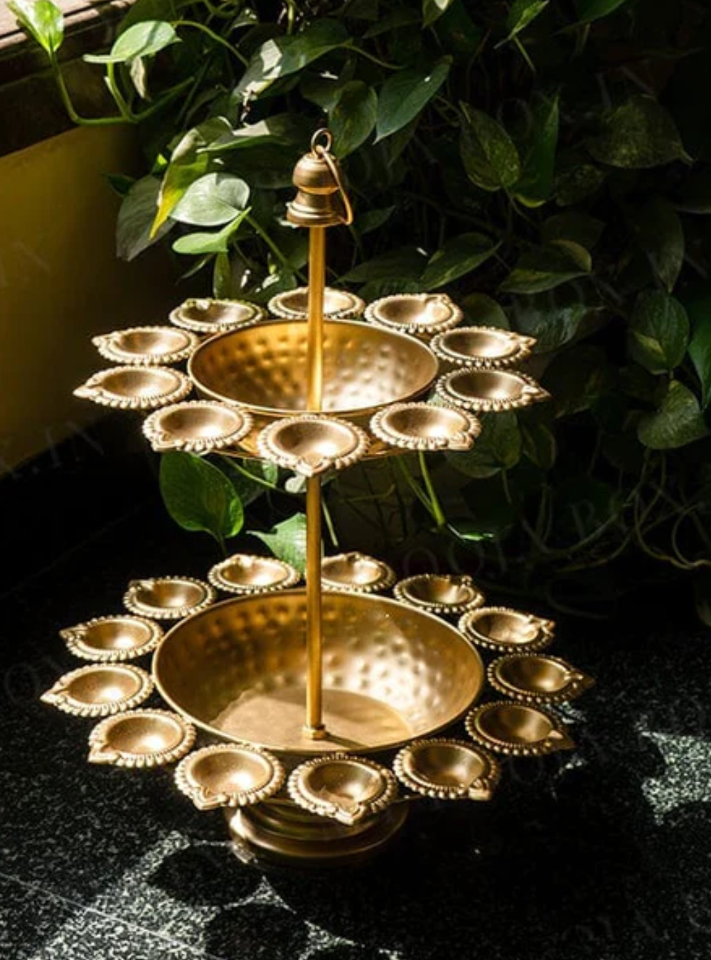 2 Layer Traditional Diya Urli, Metal, Gold Finish, Size- 40L x 40W x 30H Centimeter