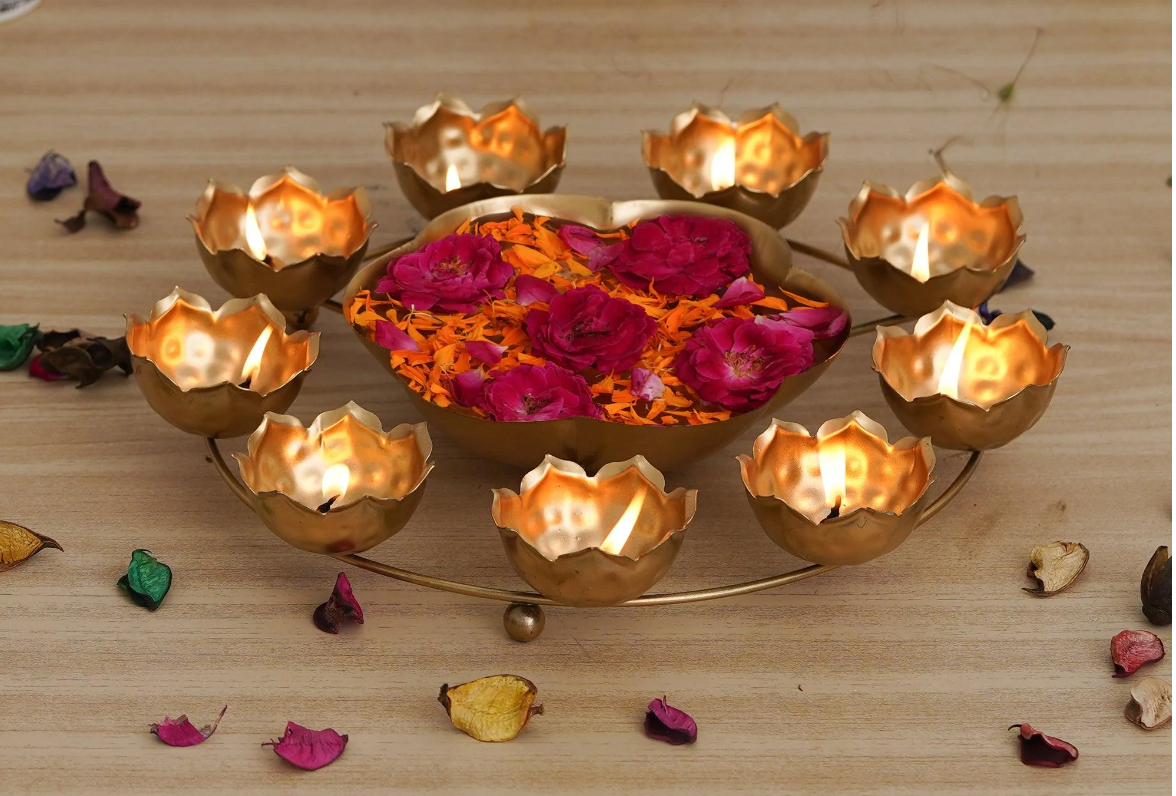 Exquisite Round Rangoli Diya Stand, Urli, Decorative Bowls for Center Table for Living Room, Office, Home.