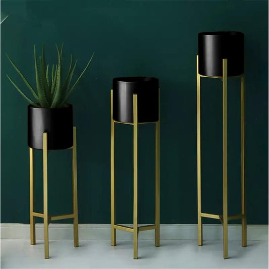 Modern Metal Floor Flower Stands Display Plant Stand Tall Indoor Plant Stand with Planter Pot (Black) -Set of 3
