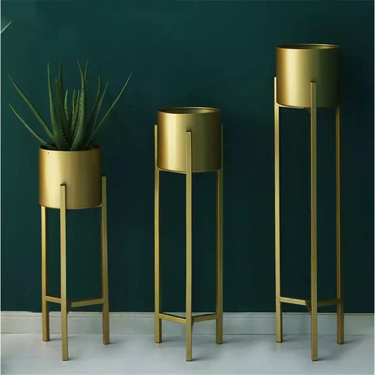 Modern Metal Floor Flower Stands Display Plant Stand Tall Indoor Plant Stand with Planter Pot (Gold) -Set of 3