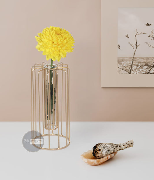 Gold Metal Glass Test Tube Flower Vase for Desktop Home Décor Showpiece Flowerpot Stand Iron Art Flower Living Room Modern vase hydroponic (Without Flower)