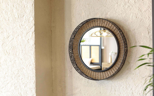 Rattan Hand Woven Mirror for Living Room, Entrance, Bedroom, Office, Set of 1
