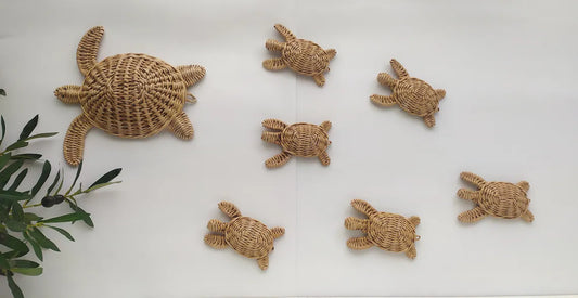 Set of 7 Handicraft Turtle Wicker Hanging Decor, Rattan Nautical Wall Decor/Wall Art, Beach House Decor For Living Room &  Bedroom