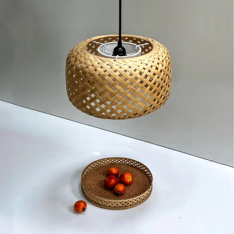 Bamboo Pendant Lamp: Handmade Wicker Light, Woven Hanging Ceiling Lamp for Living Room and Office, Set of 1